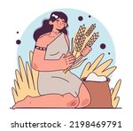 Neolithic Revolution. Agriculture origin, domestication of plants into crops. Woman collecting harvest. Humanity ancestors, anthropology studying concept. Flat vector illustration