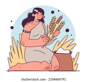 Neolithic Revolution. Agriculture origin, domestication of plants into crops. Woman collecting harvest. Humanity ancestors, anthropology studying concept. Flat vector illustration