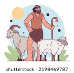 Neolithic Revolution. Animal husbandry origin. Shepherd with a cane grazing sheep and goat. Humanity ancestors, anthropology studying concept. Flat vector illustration