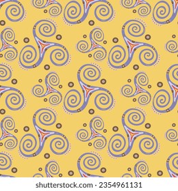 Neolithic triple spiral celtic triskele sacred sign seamless pattern. Trinity helix triskele whirlpool sacred geometry. Greek joining spirals psychedelic motif. Eternity symbol ornament.