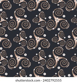 Neolithic triple spiral celtic triskele rotating sign seamless pattern. Three legs triskel loop sacred geometry. Wiccan joining spirals mysterious motif. Viking symbol ornament.