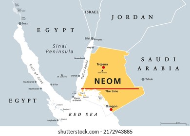 Neom, Gray Political Map. Saudi Megacity Being Built In The Tabuk Province Of Northwestern Saudi Arabia, North Of The Red Sea And Across Gulf Of Aqaba. Planned As A Smart City And Tourist Destination.