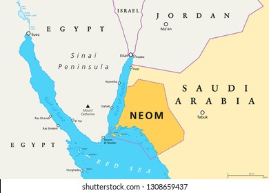 NEOM political map of the 500 billion dollar megacity project in Saudi Arabia along the Red Sea coast. Location of the smart and tourist city with autonomous judicial system. English labeling. Vector.