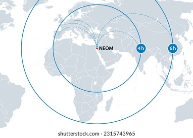 NEOM, short distance flights to major cities, map. It is claimed, with short flights from Neom (a planned smart city in Saudi Arabia), major international cities will be reached within 4 to 6 hours.