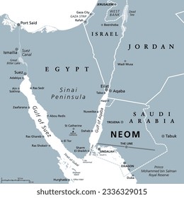 NEOM and Sinai Peninsula, gray political map. Neom, a planned smart city in Tabuk Province in northwestern Saudi Arabia, north the Red Sea, east of Egypt, across the Gulf of Aqaba and south of Jordan.