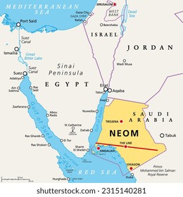 NEOM and the Sinai Peninsula, political map. Neom, a planned smart city in Tabuk Province in northwestern Saudi Arabia, north the Red Sea, east of Egypt, across the Gulf of Aqaba, and south of Jordan.