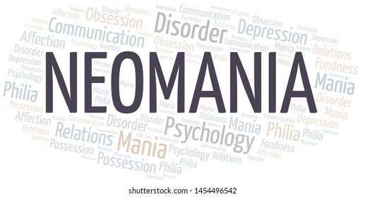 Neomania word cloud. Type of mania, made with text only.