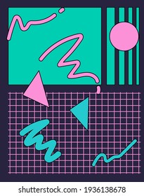 Neo-memphis abstract background with geometric shapes. Vaporwave and synthwave style.