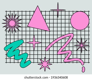 Neo-memphis abstract background with geometric shapes. Vaporwave and retrowave style.