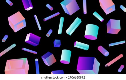 Neo-memphis bauhaus retrowave abstract background. Neon holographic chromatic 3d shapes - polygon, cube, prism, cylinder, cuboid, ect. Retrofuturistic print for t-shirt, notebook, poster, cover.