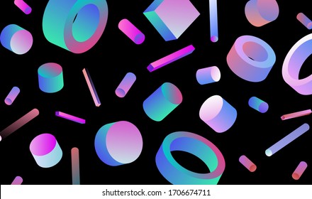 Neo-memphis bauhaus retrowave abstract background. Neon holographic chromatic 3d shapes - polygon, cube, prism, cylinder, cuboid, ect. Retrofuturistic print for t-shirt, notebook, poster, cover.