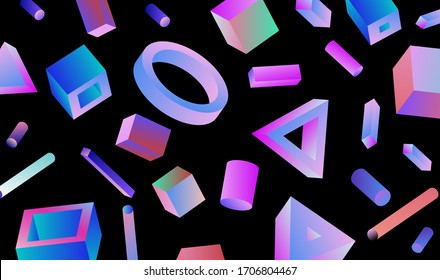 Neo-memphis bauhaus retrowave abstract background. Neon holographic chromatic 3d shapes - polygon, cube, prism, cylinder, cuboid, ect. Retrofuturistic print for t-shirt, notebook, poster, cover.