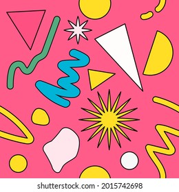 Neo-memphis seamless pattern with different geometric shapes. Retro 80's-90's style.