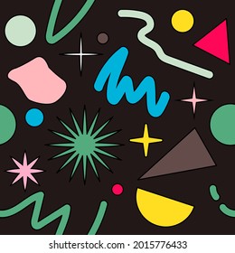 Neo-memphis seamless pattern with different geometric shapes. Retro 80's-90's style.