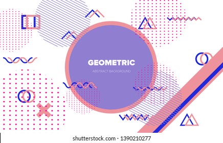 Neo-Memphis, vaporwave style colorful background with geometric shapes and objects - crosses, zigzag, triangles, circles ect. Punchy pastel colors - violet, purple, pink.