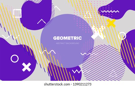 Neo-Memphis, vaporwave style colorful background with geometric shapes and objects - crosses, zigzag, triangles, circles ect. 