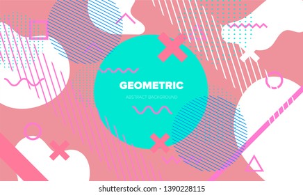 Neo-Memphis, vaporwave style colorful background with geometric shapes and objects - crosses, zigzag, triangles, circles ect. Punchy pastel colors - blue, pink.