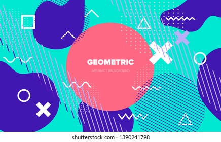 Neo-Memphis, vaporwave style colorful background with geometric shapes and objects - crosses, zigzag, triangles, circles ect. Punchy pastel colors - violet, blue, pink.