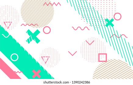 Neo-Memphis, vaporwave style colorful background with geometric shapes and objects - crosses, zigzag, triangles, circles ect. Punchy pastel colors.