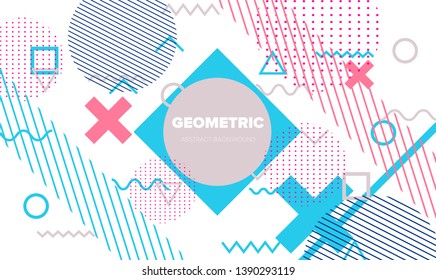 Neo-Memphis, vaporwave style colorful background with geometric shapes and objects - crosses, zigzag, triangles, circles ect. Punchy pastel colors - blue, pink.