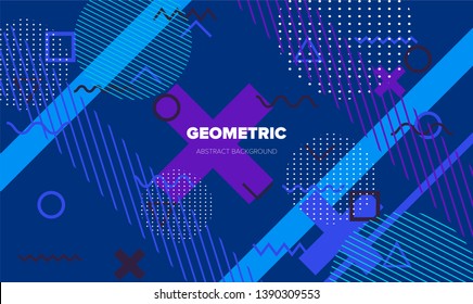 Neo-Memphis, vaporwave style colorful background with geometric shapes and objects - crosses, zigzag, triangles, circles ect. Punchy pastel colors - violet, blue.