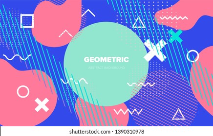 Neo-Memphis, vaporwave style colorful background with geometric shapes and objects - crosses, zigzag, triangles, circles ect. Punchy pastel colors - violet, blue, pink.