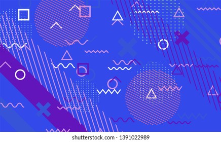 Neo-Memphis, vaporwave style colorful background with geometric shapes and objects - crosses, zigzag, triangles, circles ect. Punchy pastel colors.