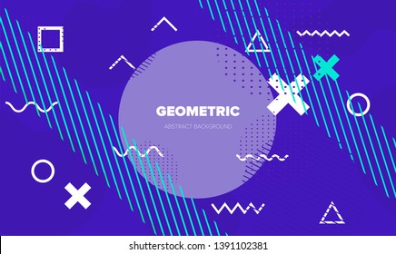 Neo-Memphis, vaporwave style colorful background with geometric shapes and objects - crosses, zigzag, triangles, circles ect. Punchy pastel colors - violet, blue.