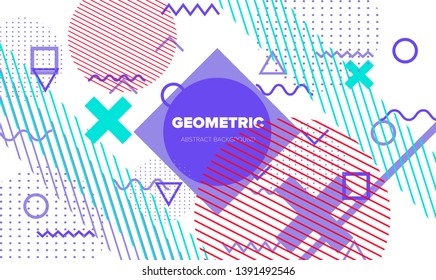 Neo-Memphis, vaporwave style colorful background with geometric shapes and objects - crosses, zigzag, triangles, circles ect. Punchy pastel colors - violet, blue, pink.