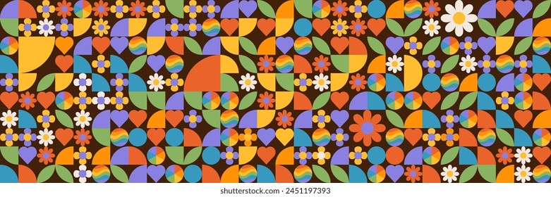 Neomodern aesthetics of brutalism design poster cover layout made with abstract elements and geometric shapes, useful for Pride month poster art, vector flat illustration.