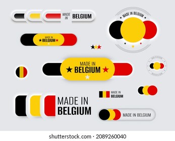 Neomorphic 3d mock up Belgian flag buttons set on white background. Made in Belgium neomorphism trendy concept design element, logo, icon, sign, symbol. Vector illustration