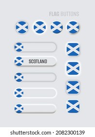 Neomorphic 3d mock up buttons set on white background. Scotland flag for website, mobile menu, apps. Simple neomorphism trendy concept design element, UI UX component. Vector illustration