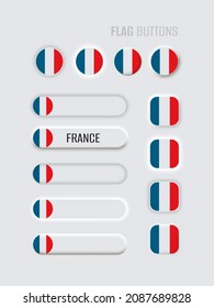 Neomorphic 3d mock up buttons set on white background. France flag for website, mobile menu, apps. Simple neomorphism trendy concept design element, UI UX component. Vector illustration