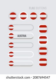 Neomorphic 3d mock up buttons set on white background. Austria flag for website, mobile menu, apps. Simple neomorphism trendy concept design element, UI UX component. Vector illustration