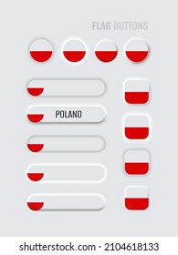 Neomorphic 3d mock up buttons set on white background. Poland flag for website, mobile menu, apps. Simple neomorphism trendy concept design element, UI UX component. Vector illustration