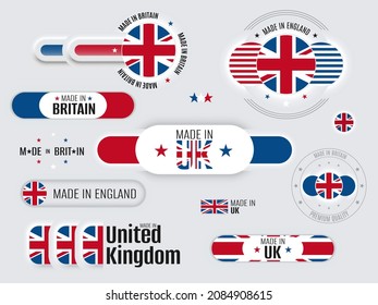 Neomorphic 3d mock up England flag buttons set. Made in UK neomorphism trendy concept design element, logo, icon, sign, symbol. Britain premium quality. Vector illustration