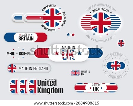 Neomorphic 3d mock up England flag buttons set. Made in UK neomorphism trendy concept design element, logo, icon, sign, symbol. Britain premium quality. Vector illustration