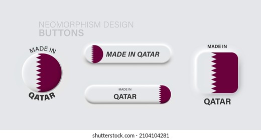 
Neomorphic 3d mock up Qatari flag buttons set on white background. Made in Qatar neomorphism trendy concept design element, logo, icon, sign, symbol. Vector illustration