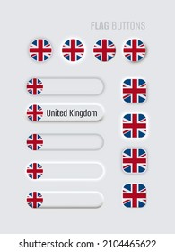 Neomorphic 3d mock up United Kingdom buttons set on white background. UK flag for website, mobile menu, apps. Simple neomorphism trendy concept design element, UI UX component. Vector illustration
