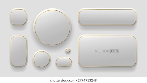 Neomorphic buttons and frames set with golden borders. Modern soft UI design elements. Vector illustration