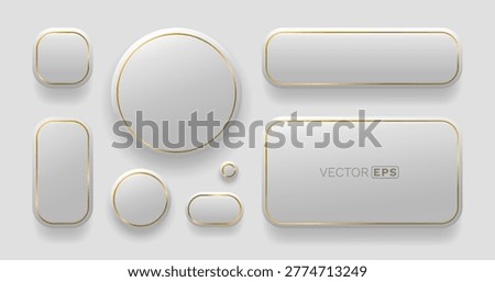 Neomorphic buttons and frames set with golden borders. Modern soft UI design elements. Vector illustration