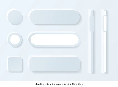 Neomorphic buttons set. Stationery box texture, gift collection. Graphic elements for website. Transparent icons, posters and badges. Wallpaper, background or textures. Flat vector illustration