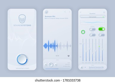 Neomorphic interface for vector music player mobile application. UI recorder app play, pause, remote buttons, equalizer sound wave, music audio frequency waveform. Digital player studio graphs panel