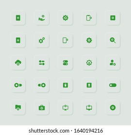 Neomorphic settings, tuning & adjustment icon set for mobile apps and web. Soft UI/User Interface icon resources in futuristic green for switch and filter, user & administrator, computer lock password
