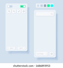 Neomorphic skeuomorphic ui user interface design - mobile app layout. Light clay minimal application elements.