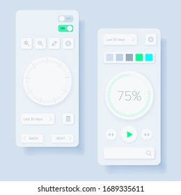 Neomorphic skeuomorphic ui user interface design - mobile app layout. Light clay minimal application elements.