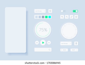 Neomorphic skeuomorphic ui user interface design - mobile app layout. Light clay minimal application elements.
