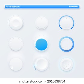 Neomorphic Ui kit mobile app round level buttons. Sound volume control knob, amplifier power vector white dials with blue scales, game controller D-pad. Futuristic design audio controls and switches