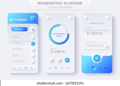 Neomorphic UI UX white design financial app vector template for Mobile and Web apps Neomorphism style. Finance controls pages on smartphone