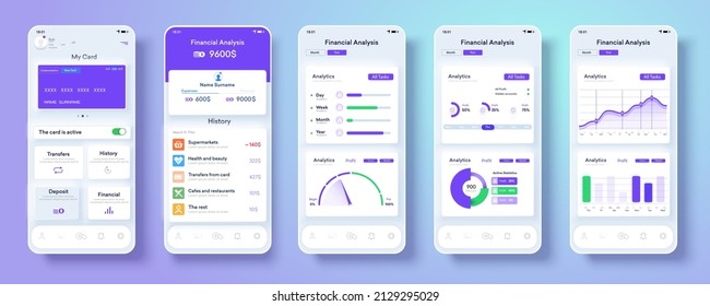 Neomorphism Bank App Interface Design On Smartphone Screen. Online Banking App Concept Design. UI, UX, GUI Set With Wallet.  Diagrams, Clean And Simple App Interface. Vector Illustration
